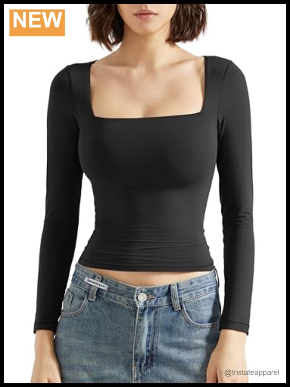 Square Neck Long Sleeve Ruched Double Lined Fitted T Shirt